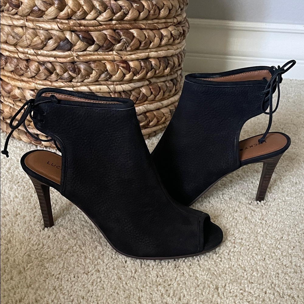 Black Peep Toe Booties Cutout Heeled Ankle Boots Nubuck Booties Tie Back Heels